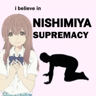 🙇 Nishimiya A Silent Voice i believe in
NISHIMIYA
SUPREMACY Аниме, Превосходство, Фанатское творчество, Нисимия, Форма голоса, Персонаж, Мем telegram sticker