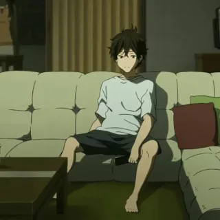 🎐 anime, boy, couch, sitting, relaxing, indoors telegram sticker