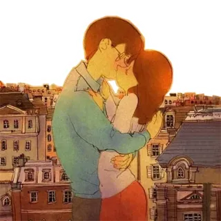 😚 пара, поцелуй, любовь, мультфильм, город, романтика telegram sticker