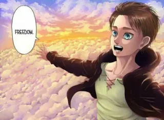 💜 Eren Yeager Attack on Titan FREEDOM アニメ, キャラクター, 自由, 漫画, 雲, 空, 表情, 決意 telegram sticker
