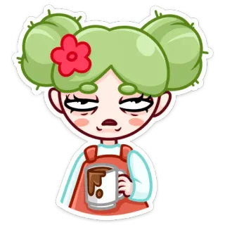 🌵 dessin animé, fille, mignon, café, paresseux, endormi, illustration telegram sticker