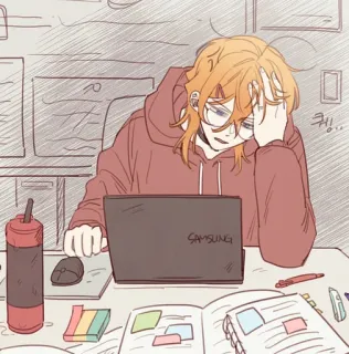 🤦‍♂ Anime, Études, Fatigué, Ordinateur portable, Personnage, Dessin animé telegram sticker