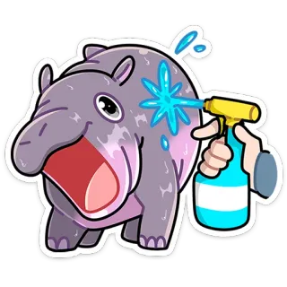 😳 hipopotam, czyszczenie, butelka ze spryskiwaczem, kreskówka, zwierzę, ssak telegram sticker