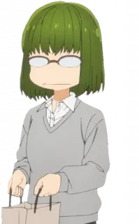 😐 anime, óculos, cabelo verde, mulher, sacola de compras telegram sticker