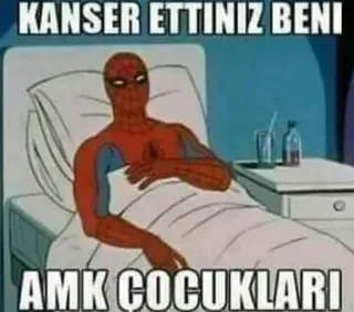 😑 Spider-Man KANSER ETTİNİZ BENİ
AMK ÇOCUKLARI meme, Spider-Man, enfermo, cama, hospital telegram sticker