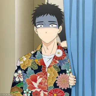 🎎 animé, homme, surpris, chemise à fleurs, derrière rideau telegram sticker