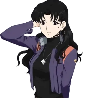 ☺️ Misato Katsuragi Neon Genesis Evangelion Anime, Charakter, Frau, Lila, Schwarze Haare, Halskette telegram sticker