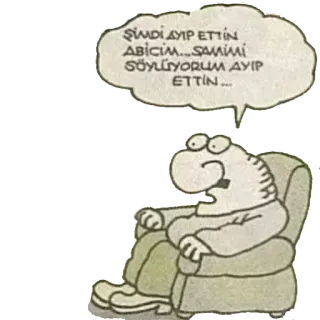 😒 ŞİMDİ AYIP ETTİN ABİCİM... SAMİMİ SÖYLÜYORUM AYIP ETTİN ... 만화, 캐릭터, 앉아있는, 의자, 말풍선 telegram sticker