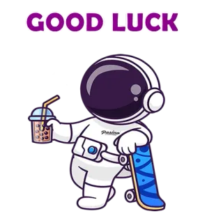 ☘ GOOD LUCK astronauta, buona fortuna, spazio, skateboard, bubble tea, cartoni animati, adesivo telegram sticker