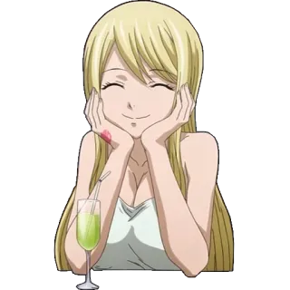 😌 anime girl, blonde hair, smiling, beverage, cute, happy, portrait telegram sticker