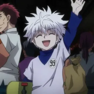 🌑 Killua Zoldyck Hunter x Hunter 애니메이션, 소년, 행복한, 흰 머리, 99번, 손 흔드는 telegram sticker