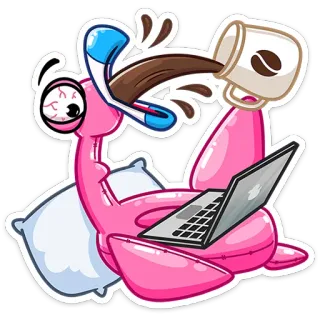 ☕️ bird, pink, cartoon, laptop, coffee, exhausted, sleepy whatsapp sticker