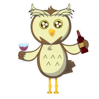 🍷 sowa, wino, kreskówka, ptak, alkohol, picie whatsapp sticker