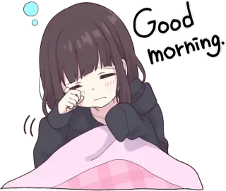 ✋ Good morning. buenos días, adormilado, anime, lindo, chica, dibujos animados, saludo telegram sticker