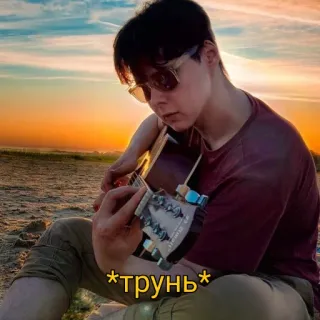 🎸 *трунь* 吉他, 音乐, 日落, 海滩, 男人, 太阳镜 telegram sticker