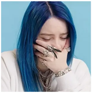 😔 Billie Eilish 比莉·艾利什, 歌手, 名人, 哭, 悲伤, 蓝发, 珠宝 telegram sticker