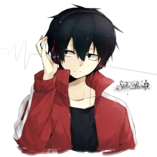 🎧 аниме, парень, наушники, музыка, красная куртка, мультфильм whatsapp sticker