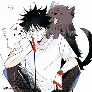 💠 注 anime, boy, dogs, white haired dog, black haired dog, sitting telegram sticker