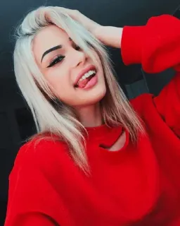 😋 mujer, rubia, lengua, suéter rojo, retrato, maquillaje, persona telegram sticker