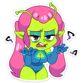 🤨 Alien, Desenho animado, Pergunta, Cabelo rosa, Pele verde, Confuso(a), Mulher, Sticker telegram sticker