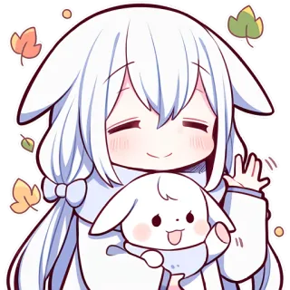 👋 애니메이션, 치비, 귀여운, 카와이, 흰머리, 토끼, 소녀 whatsapp sticker