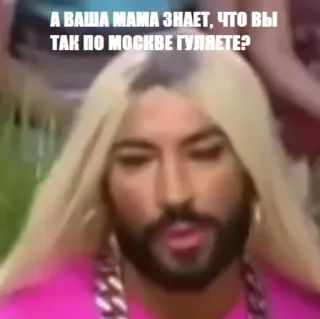 😯 А ВАША МАМА ЗНАЕТ, ЧТО ВЫ ТАК ПО МОСКВЕ ГУЛЯЕТЕ? Meme, Orang, Riasan, Rambut palsu, Pertanyaan telegram sticker