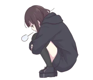 😓 Anime, Garota, Triste, Agachada, Moletom com capuz, Desenho animado telegram sticker