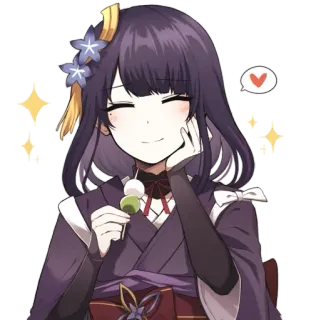 🍡 Raiden Shogun Genshin Impact Anime, Dibujos animados, Videojuego, Sonrisa, Lindo, Femenina, Pelo morado, Dango telegram sticker