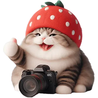 📷 kat, aardbei, camera, duim omhoog, schattig, dier, digitale camera, huisdier telegram sticker