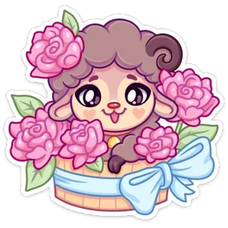 🌸 pecora, agnello, carino, fiori, rosa, bouquet, kawaii, animale telegram sticker
