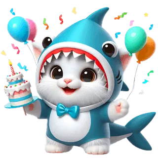 🥳 chat, chaton, requin, anniversaire, fête, mignon, déguisement, soirée, ballons, gâteau telegram sticker