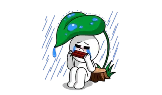 😥 грустный, плачущий, дождь, одинокий, мультфильм, зонт из листьев whatsapp sticker