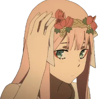 😳 Zero Two Darling in the Franxx Anime, rosa Haare, Blumenkranz, Zero Two, Darling in the Franxx, süß, Mädchen telegram sticker