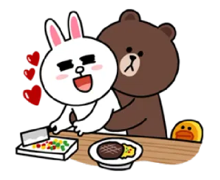 ❤ Brown, Cony love, friends, food, eating, LINE FRIENDS, cute, cartoon telegram sticker