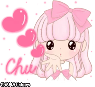 😘 Chu carino, ragazza, kawaii, rosa, cuori, cartone animato telegram sticker