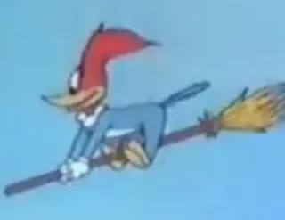 🧙 Woody Woodpecker 우디 우드페커, 만화, 새, 나는, 빗자루, 고전 만화, 애니메이션 telegram sticker