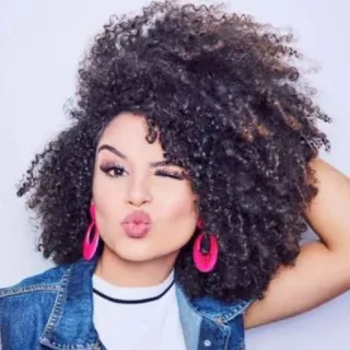 😘 woman, curly hair, denim jacket, portrait, earrings, winking telegram sticker