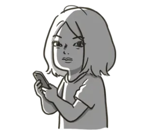 😕 여자, 전화, 만화, 흑백, 십대, 젊은 성인, 캐주얼, 스케치 whatsapp sticker