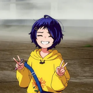 😁 anime, peace sign, happy, yellow hoodie, blue hair, cartoon, girl telegram sticker