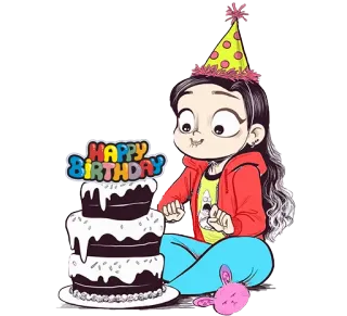 🎂 HAPPY BIRTHDAY anniversaire, gâteau, fête, dessin animé, fille, chapeau de fête telegram sticker