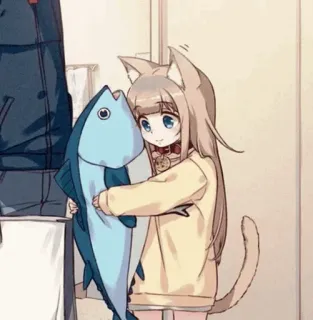 🙂 Аниме, Девушка-кошка, Рыба, Милый, Мультфильм, Животное, Каваий telegram sticker