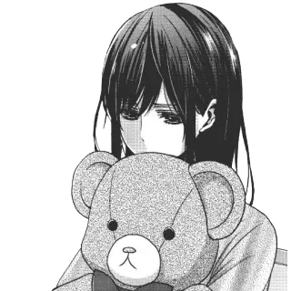 🐻 Anime, Fille, Ours en peluche, Triste, Manga, Noir et blanc whatsapp sticker