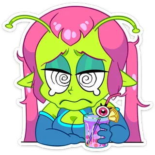 😵‍💫 Alien, Desenho animado, Bebida, Bubble Tea, Boba telegram sticker
