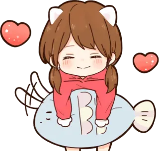 😊 Dessin animé, Fille, Mignon, Anime, Kawaii, Coeurs, Poisson telegram sticker