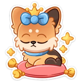 ☹️ anjing, putri, imut, mahkota, bantal, hewan, peliharaan, kartun whatsapp sticker