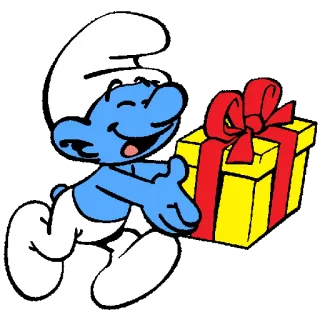 🎁 Smurf สเมิร์ฟ, การ์ตูน, ของขวัญ, ของขวัญ, มีความสุข, สีน้ำเงิน whatsapp sticker