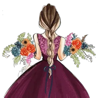 💐 femme, robe, fleurs, bouquet, mode, illustration whatsapp sticker