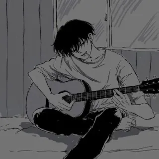 🈹 anime, guitar, monochrome, musician, smoking telegram sticker