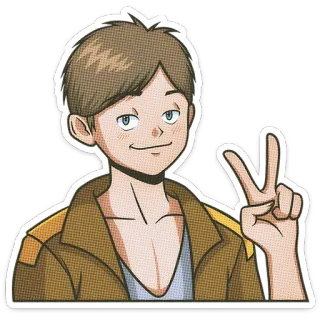 🌟 动漫人物, 和平标志, 男性, 微笑, 卡通, 棕色头发 telegram sticker