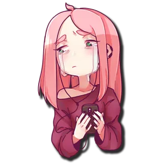 😭 llorando, triste, anime, chica, pelo rosa, teléfono telegram sticker